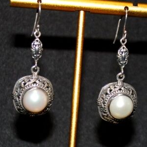 Sterling Silver Faux Pearl Dangle Earrings